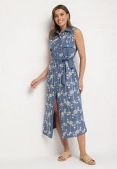 Niebieska Sukienka Bez Rękawów o Koszulowym Kroju z Paskiem Zdobiona Haftem Fodarela. Niebieskie sukienki Born2be, na co dzień, l, z aplikacjami, eleganckie, bez kołnierzyka, bez ramiączek, maxi, koszulowe. Za 119.99 zł.