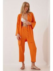 Happiness Istanbul 2-częściowy zestaw w kolorze pomarańczowym rozmiar: 36. Pomarańczowe spodnie materiałowe Happiness Istanbul, bez wzorów, z materiału, z podwyższonym stanem. Za 82.64 zł.