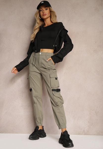 Ciemnozielone Spodnie Joggery z Kieszeniami Cargo z Elastycznej Bawełny Irisane. Zielone jeansy Renee, l, bez wzorów, z bawełny, eleganckie. Za 109.99 zł.