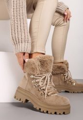 Ciemnobeżowe Traperki z Futerkiem na Grubej Podeszwie Tairene. Brązowe traperki Renee, bez wzorów, z jeansu, klasyczne, bez obcasa, bez zapięcia. Za 129.99 zł.