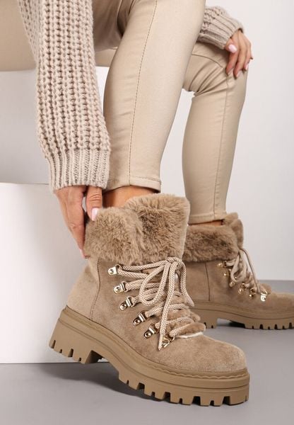 Ciemnobeżowe Traperki z Futerkiem na Grubej Podeszwie Tairene. Brązowe traperki Renee, bez wzorów, z jeansu, klasyczne, bez obcasa, bez zapięcia. Za 129.99 zł.