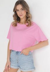Jasnoróżowy Krótki T-shirt Oversize Lilu. Czerwone t-shirty Born2be, l, bez wzorów, z bawełny, eleganckie, bez kołnierzyka, bez ramiączek. Za 29.99 zł.