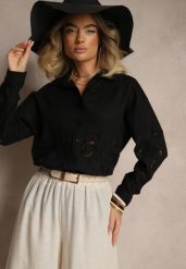 Czarna Koszula Oversize z Lnem Zdobiona Ażurowymi Wstawkami Dannivra. Czarne koszule Renee, l, z aplikacjami, biznesowe, bez kołnierzyka, bez ramiączek. Za 119.99 zł.