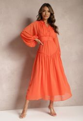 Pomarańczowa Elegancka Sukienka w Stylu Vintage z Powlekanymi Guzikami i Marszczeniami Lefandia. Brązowe sukienki Renee, na imprezę, l, bez wzorów, eleganckie, bez kołnierzyka, bez ramiączek, maxi. W wyprzedaży za 132.99 zł.