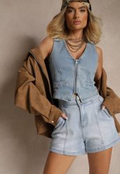 Niebieskie Szorty Jeansowe z Bawełną High Waist i Przeszyciami Tiledia. Niebieskie szorty Renee, bez wzorów, z bawełny, klasyczne. W wyprzedaży za 59.99 zł.