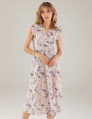 Wzorzysta sukienka z lnu. Sukienki Unisono, l, bez wzorów, bez kołnierzyka, bez ramiączek, mini, kopertowe. Za 249.00 zł.