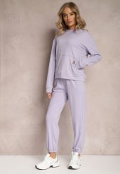 Jasnofioletowy Dzianinowy Komplet Dresowy z Bluzą i Spodniami Amlore. Fioletowe bluzy Renee, l, bez wzorów, z dresówki, bez ramiączek, z kapturem. W wyprzedaży za 67.99 zł.