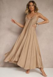 Ciemnobeżowa Wiskozowa Sukienka o Rozkloszowanym Kroju Ozdobiona Cyrkoniami Tosnaria. Brązowe sukienki Renee, l, bez wzorów, z wiskozy, eleganckie, bez kołnierzyka, bez ramiączek, maxi, rozkloszowane. W wyprzedaży za 62.99 zł.
