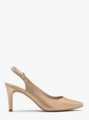 Złote czółenka typu slingback EMMA. Żółte czółenka Ryłko, bez wzorów, ze skóry, bez obcasa, na obcasie, bez zapięcia. W wyprzedaży za 249.99 zł.