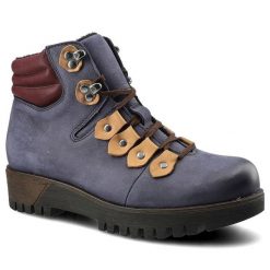 Botki damskie Pollonus, skórzane i solidnej podeszwie, granatowo-bordowe, 5-0958-005. Niebieskie botki Pollonus, z aplikacjami, z nubiku, eleganckie, bez obcasa, bez zapięcia. Za 239.00 zł.