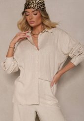 Beżowa Koszula Oversize z Lnem i Wiskozą Katilira. Brązowe koszule Renee, m, bez wzorów, z jeansu, biznesowe, bez kołnierzyka, bez ramiączek. W wyprzedaży za 83.99 zł.