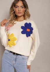 Beżowy Sweter z Dodatkiem Wiskozy Ozdobiony Kwiatami 3D Nanivia. Brązowe swetry Renee, z aplikacjami, z jeansu, casualowe, bez ramiączek. W wyprzedaży za 63.99 zł.