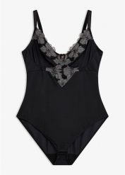 Mocno modelujące body bez fiszbin z haftem. Czarne bielizna modelująca bonprix, bez wzorów, bez ramiączek. Za 124.99 zł.