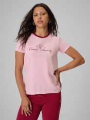 4F T-shirt regular z nadrukiem damski - różowy L. Czerwone t-shirty sportowe 4f, l, bez wzorów, z bawełny, bez ramiączek, tenisowe. Za 59.99 zł.