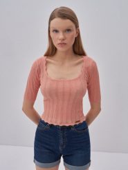 Sweter damski o ażurowym splocie pomaraŅczowy Naome 702. Czerwone swetry BIG STAR, l, w ażurowe wzory, z jeansu, retro, bez ramiączek. W wyprzedaży za 49.99 zł.