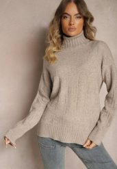 Szaro-Beżowy Golf o Klasycznym Kroju Savelle. Brązowe swetry Renee, l, bez wzorów, z jeansu, eleganckie, bez ramiączek. W wyprzedaży za 87.99 zł.