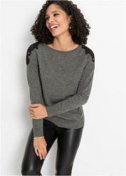 Sweter z cienkiej dzianiny. Szare swetry bonprix, bez wzorów, z dzianiny, bez ramiączek. Za 94.99 zł.