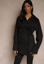 Czarna Koszulowa Bluzka Kimono z Bawełny o Asymetrycznym Kroju Wiązana w Pasie Delainor. Czarne bluzki Renee, l, bez wzorów, z bawełny, biznesowe, z asymetrycznym kołnierzem, bez ramiączek. W wyprzedaży za 111.99 zł.