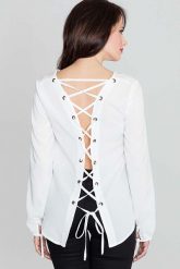 Modna Ecru Bluzka z Dekoltem „V” Sznurowana na Plecach. Niebieskie bluzki Katrus, l, bez wzorów, z elastanu, bez kołnierzyka, bez ramiączek. Za 189.00 zł.