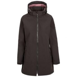 Kurtka Damska Samantha Soft Shell. Czarne kurtki przejściowe sportowe Trespass, l, bez wzorów, z elastanu, z kapturem, trekkingowe. Za 396.99 zł.