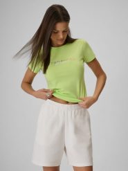 4F T-shirt slim z nadrukiem damski - żółty M. Żółte t-shirty 4f, l, bez wzorów, z bawełny, bez kołnierzyka, bez ramiączek. Za 59.99 zł.