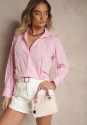 Różowa Koszula z Wiskozą Ozdobiona Koronką Tenamara. Czerwone koszule Renee, l, z aplikacjami, z jeansu, eleganckie, bez kołnierzyka, bez ramiączek. W wyprzedaży za 67.99 zł.