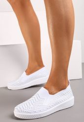 Białe Tenisówki z Elastyczną Cholewką z Drobnymi Cyrkoniami Riwira. Białe trampki Born2be, bez wzorów, z jeansu, bez zapięcia. Za 69.99 zł.