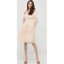 Guess sukienka kolor beżowy mini rozkloszowana. Brązowe sukienki Guess, m, z aplikacjami, z koronki, bez kołnierzyka, bez ramiączek, mini, rozkloszowane. Za 829.99 zł.
