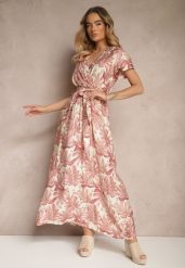 Różowa Sukienka w Listki z Elastyczną Gumką w Talii i Wiązanym Paskiem Jaliren. Czerwone sukienki Renee, na co dzień, l, bez wzorów, eleganckie, bez kołnierzyka, bez ramiączek, maxi, kopertowe. W wyprzedaży za 69.99 zł.