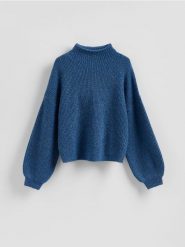 Sweter z bufiastymi rękawami - granatowy. Niebieskie swetry Reserved, l, bez wzorów, z dzianiny, bez ramiączek. Za 129.99 zł.
