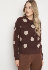 Brązowy Prosty Sweter z Wełną w Duże Kropki Fenenna. Brązowe swetry Born2be, uniwersalny, bez wzorów, z jeansu, klasyczne, bez ramiączek. Za 149.99 zł.