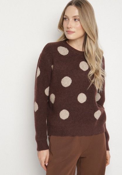 Brązowy Prosty Sweter z Wełną w Duże Kropki Fenenna. Brązowe swetry Born2be, uniwersalny, bez wzorów, z jeansu, klasyczne, bez ramiączek. Za 149.99 zł.