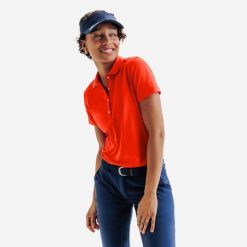 Koszulka polo do golfa z krótkim rękawem Inesis WW500 damska. Czerwone t-shirty sportowe INESIS, m, z aplikacjami, z bawełny, bez ramiączek, na golfa. Za 99.99 zł.