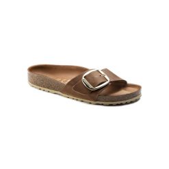 Birkenstock Madrid Koniakowe Kapcie Z Dużą Klamą Damskie. Brązowe kapcie Birkenstock, bez wzorów, z materiału. Za 801.00 zł.