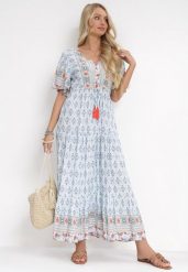 Jasnoniebieska Sukienka Maxi z Gumką i Sznurkiem z Chwostami w Pasie Maryse. Niebieskie sukienki Born2be, l, bez wzorów, bez kołnierzyka, bez ramiączek, maxi. Za 139.99 zł.