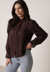 Brązowa Koszula ze Stójką i Koronką Argochis. Brązowe koszule Born2be, l, bez wzorów, z jeansu, bez kołnierzyka, bez ramiączek. Za 119.99 zł.