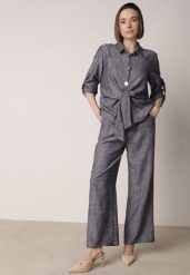 Niebieski Komplet z Lnem i Wiskozą Szerokie Spodnie i Koszula z Wiązaniem Ravilith. Niebieskie koszule Born2be, l, bez wzorów, z bawełny, bez kołnierzyka, bez ramiączek. Za 229.99 zł.