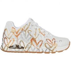 Buty do chodzenia sneakersy damskie Skechers Uno-Metallic Love. Białe buty treningowe Skechers, bez wzorów, z materiału, przed kostkę, bez zapięcia, trekkingowe. Za 454.00 zł.