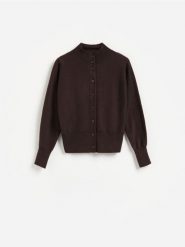 Kardigan z bawełną - ciemnobrązowy. Brązowe swetry Reserved, l, bez wzorów, z bawełny, bez ramiączek. Za 139.99 zł.