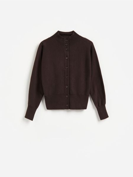 Kardigan z bawełną - ciemnobrązowy. Brązowe swetry Reserved, l, bez wzorów, z bawełny, bez ramiączek. Za 139.99 zł.