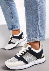 Biało-Granatowe Sznurowane Sneakersy z Nadrukowanymi Literami Dandia. Białe buty sportowe lifestyle Renee, na jesień, bez wzorów, klasyczne, bez zapięcia. W wyprzedaży za 63.99 zł.