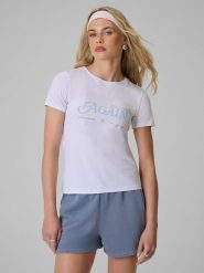 4F T-shirt slim z nadrukiem damski - biały XS. Białe t-shirty 4f, xs, bez wzorów, z dzianiny, bez kołnierzyka, bez ramiączek. Za 59.99 zł.