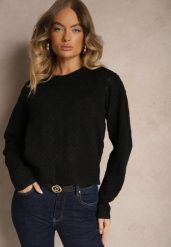 Czarny Sweter w Klasycznym Stylu z Tłoczonym Wzorem Deriel. Czarne swetry Renee, na zimę, bez wzorów, casualowe, bez ramiączek. W wyprzedaży za 119.99 zł.