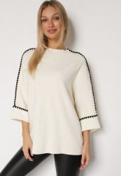 Jasnobeżowy Sweter z Kontrastową Lamówką Tuselle. Brązowe swetry Born2be, bez wzorów, z jeansu, biznesowe, bez ramiączek. Za 109.99 zł.