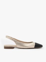 Platynowe baleriny typu slingback z czarnym noskiem. Szare baleriny Brawo sp. z o.o., bez wzorów, z gumy, z okrągłym noskiem, bez obcasa, na płaskiej podeszwie, bez zapięcia. W wyprzedaży za 224.99 zł.