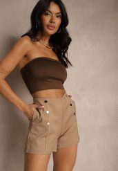 Ciemnobeżowe Bawełniane Szorty High Waist Ozdobione Guzikami Seporiae. Brązowe szorty Renee, bez wzorów, z bawełny, eleganckie. W wyprzedaży za 47.99 zł.