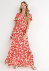 Czerwona Sukienka Maxi z Gumką w Pasie w Kwiaty Aretocia. Czerwone sukienki Born2be, l, bez wzorów, bez kołnierzyka, bez ramiączek, maxi. Za 119.99 zł.