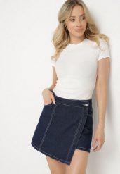 Granatowe Jeansowe Spódnico-Szorty o Asymetrycznym Kroju z Ozdobnymi Przeszyciami Lisarennea. Niebieskie szorty Born2be, bez wzorów, z jeansu, eleganckie. Za 169.99 zł.