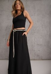 Czarne Wiskozowe Spodnie Typu Palazzo High Waist Ozdobione Paskiem Sznurkiem Alemea. Czarne jeansy Renee, l, bez wzorów, z jeansu, boho, z podwyższonym stanem, krótkie. Za 79.99 zł.