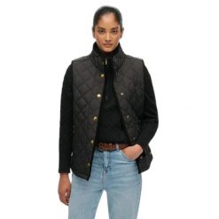 Damska kurtka bez rękawów Superdry Estate Country Liner. Czarne kurtki Superdry, bez wzorów, z puchu, eleganckie, bez kaptura. Za 392.15 zł.